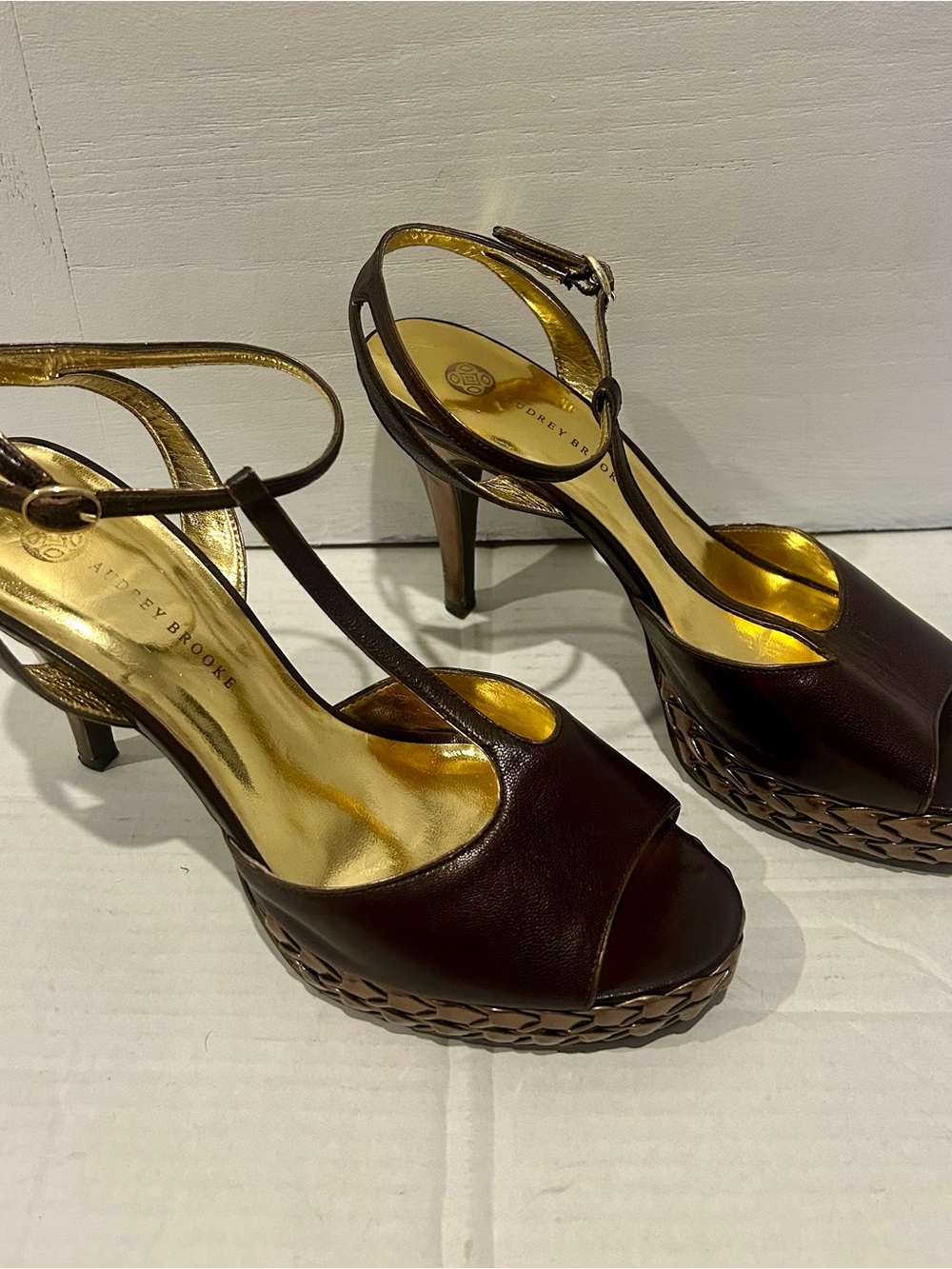 Audrey Brooke Dark Brown Leather T-Strap Peep Toe Heels with Woven Platform